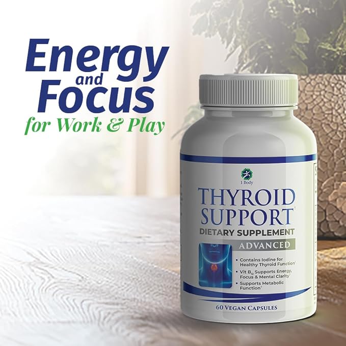 1 Body Thyroid Support Supplement with Iodine, B12, Zinc, Selenium, Ashwagandha, Non-GMO, Vegetarian, 30 Day Supply