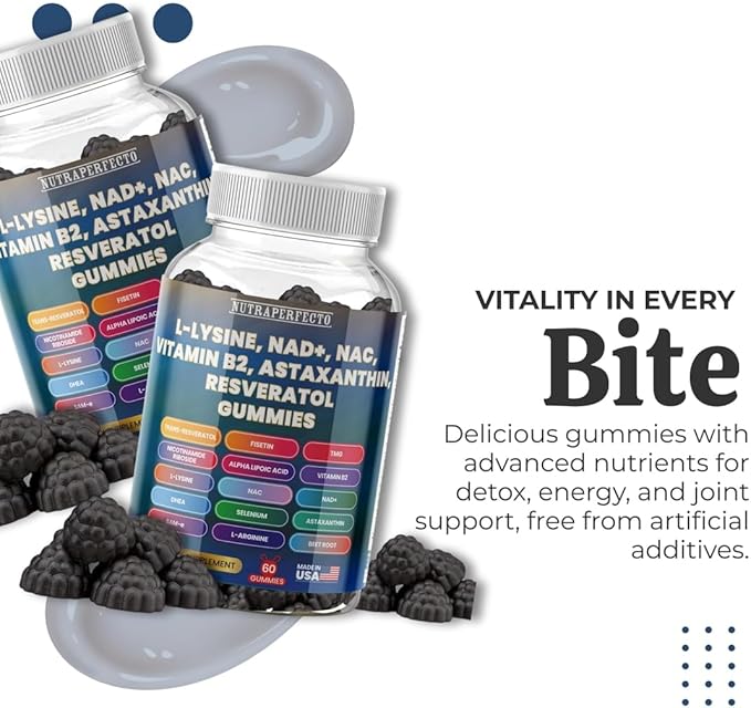 Sugar Free Gummies with Trans-Resveratrol, L-Lysine, L-Arginine, Fisetin, NR, NAD+, ALA, TMG, Beet Root, Astaxanthin, SAM-e, DHEA, Vitamin B2 For Men, Women, Detox, Energy, Metabolism, Aging, Joints
