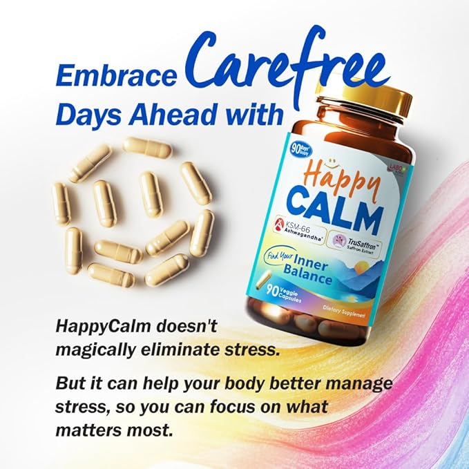 LABO Nutrition Happy Calm with KSM-66 Ashwagandha, Saffron Extract and Black Pepper Extract for Stress, Cognitive Health, Immune Boost, Quality Sleep, 5% Withanolides, 90 Vegan Capsule