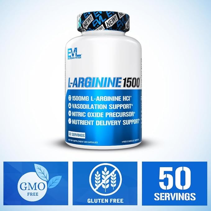 Evlution Nutrition Nitric Oxide Booster L-Arginine Supplement - High Potency Nitric Oxide Supplement with 1500mg of L Arginine HCL for Enhanced Pumps Energy Muscle Growth and Vascularity NO Booster