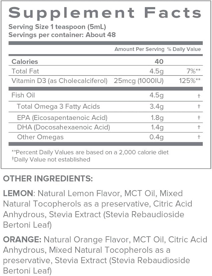 SFH Super Omega 3 Orange Fish Oil Liquid + Vitamin D | Highly Concentrated 3400mg Omega 3s + 1000IU Vitamin D3 | Sustainably Sourced Alaskan Pollock | Spill-Proof Lids | 8oz