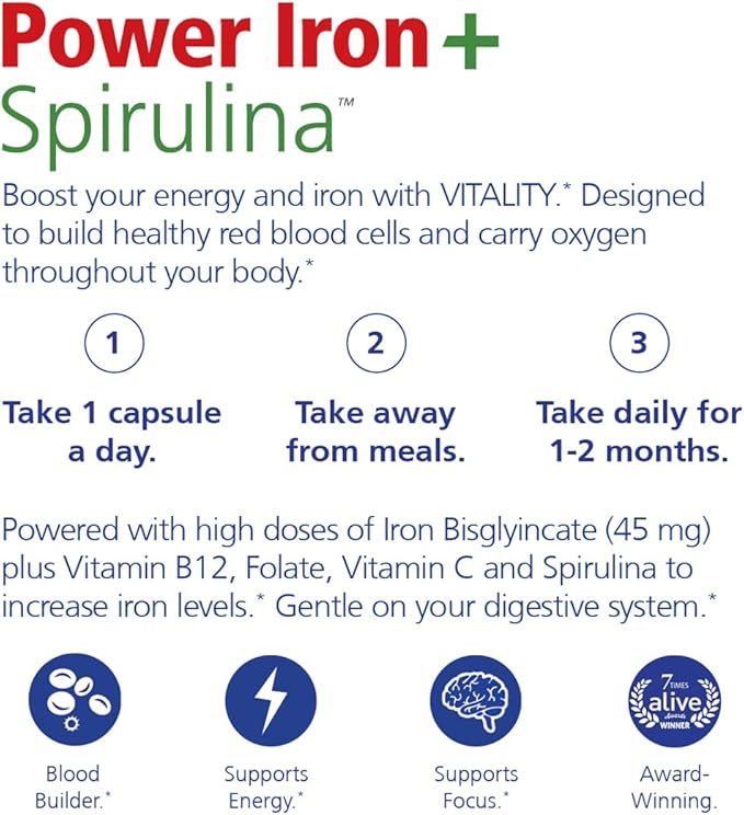Vitality Power Iron + Spirulina | 45mg Iron | Blood Builder | Iron Deficiency Support | Vegan | All Natural Supplement | Gentle on Stomach | 30 Capsules