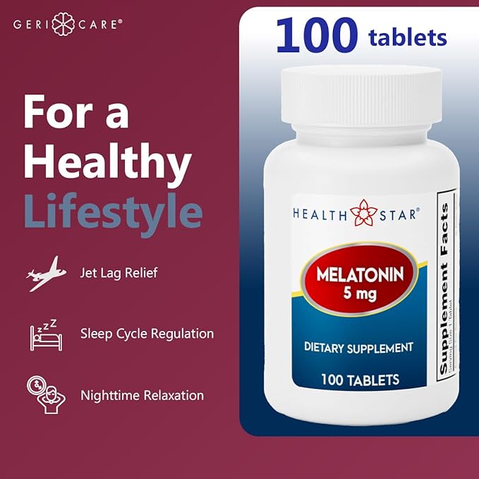 GeriCare Melatonin 5mg Tablets, Balances Nighttime Routine - Helps Adjust to Changing Schedules - Promotes Restful Evenings – Easy-to-Take Tablets, 100 Count (Pack of 1)