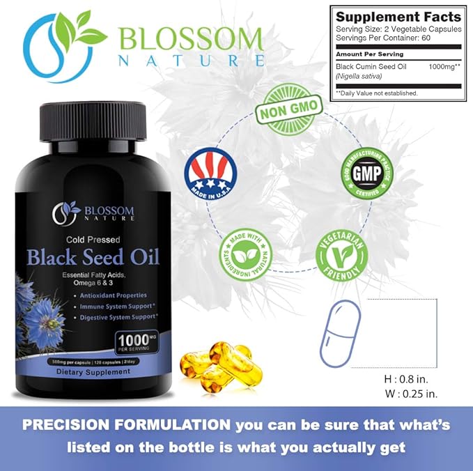 Black Seed Oil Capsules 1000mg - Premium Black Cumin Seed Oil Capsules - Black Seed Oil Liquid Pills - Virgin Cold Pressed Nigella Sativa Oil Pills - Blackseed Oil - 120 Cap (2 Month Supply)