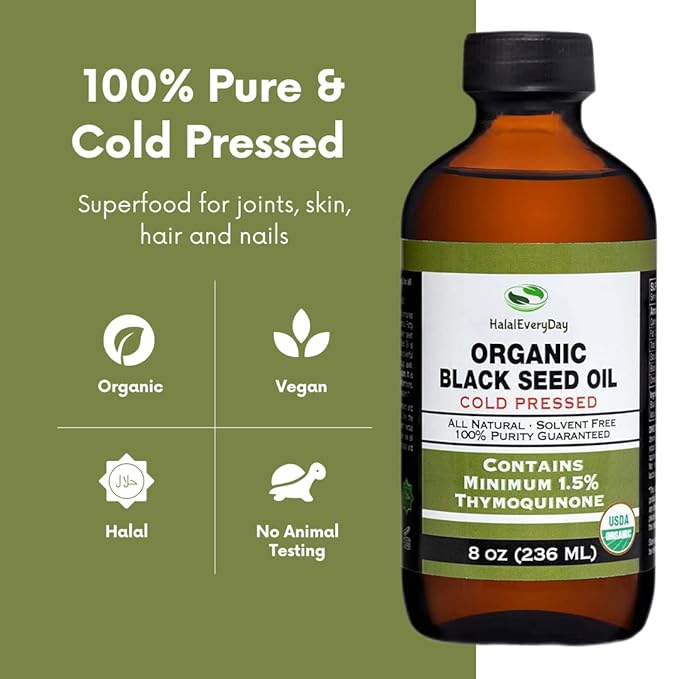 Organic Black Seed Oil - USDA Certified Cold Pressed Glass Bottle Over 1.5% Thymoquinone 3X strength Turkish Black Cumin Nigella Sativa non-GMO 100% Pure Blackseed Oil (32oz Glass (2X16) Bottle)