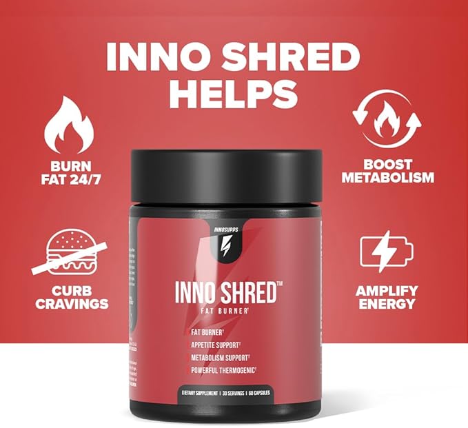 Inno Shred Fat Burner for Men and Women with 100mg Capsimax, Grains of Paradise, Organic Caffeine, Green Tea Extract, Appetite Suppressant, Weight Loss (60 Veggie Capsules) | (with Stimulant)