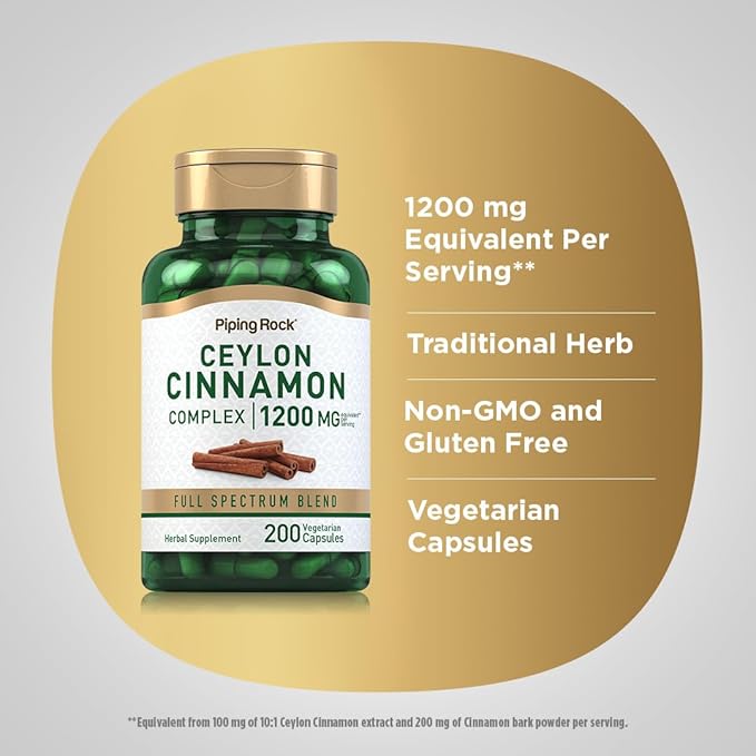 Piping Rock Ceylon Cinnamon Complex Capsules 1200 mg | 200 Count | Herbal Supplement | Vegetarian, Non-GMO, Gluten Free
