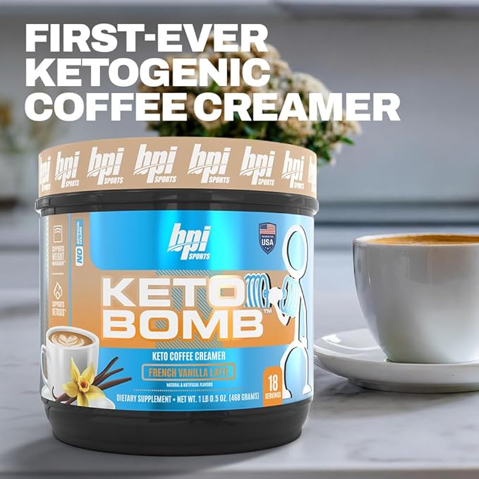 BPI Sports Keto Bomb - Promotes Energy, Hydration and Fat Loss - MCT and Electrolytes - Sugar-Free with Calcium - French Vanilla Latte, 18 Servings