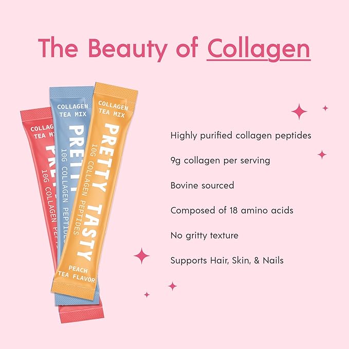 Peach Perfection Collagen Tea - Stick Pack Pouch - Succulent Peach Blend - Radiant Beauty & Wellness - 10g Collagen Peptides - 30 Count