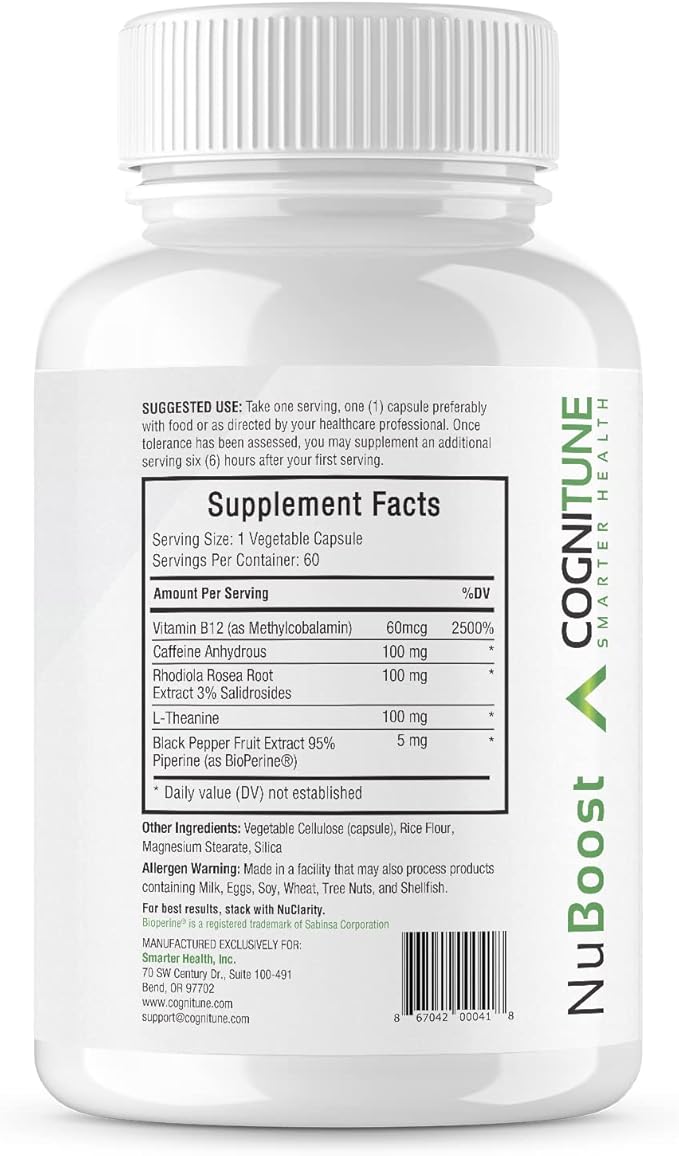CogniTune NuBoost Energy & Focus Brain Supplement, Caffeine L-Theanine, Vitamin B12, Rhodiola + BioPerine, No Crash, Jitter Free 100mg Caffeine Pills, Clean Nootropic Brain Booster, 60 Ct