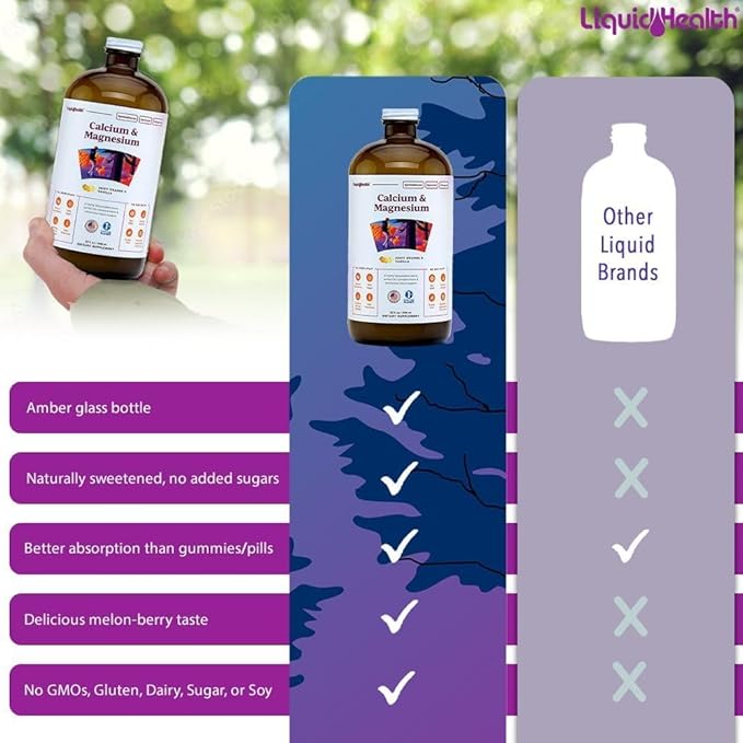 LIQUIDHEALTH Calcium & Magnesium Adult Liquid Vitamin Supplement - Bone, Joint, Muscle, Connective Tissue Support, Heart Health, Essential Nutrients - Made in USA, Vegan, Non GMO, No Sugar (3 Pack)