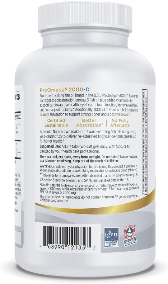 Nordic Naturals ProOmega 2000-D, Lemon Flavor - 120 Soft Gels - 2150 mg Omega-3 + 1000 IU D3 - Ultra High-Potency Fish Oil - EPA & DHA - Brain, Heart, & Immune Health - Non-GMO - 60 Servings