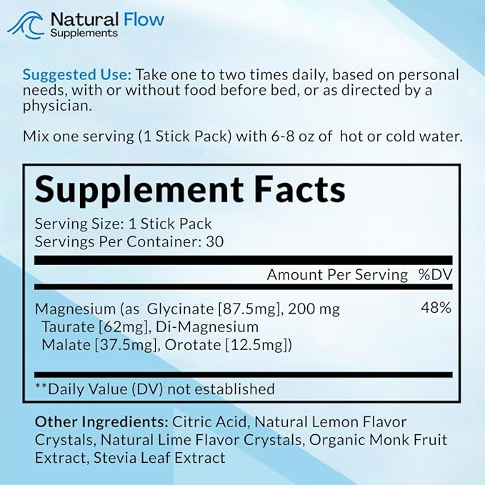 Magnesium Powder Drink Mix Packs - Lemon/Lime - Natural Flow 4X Magnesium Glycinate, Taurate, Malate, Orotate Supplement, Calm Sleep and Cramp Support Blend, No Mag Citrate or Oxide, 30 Stick Packs