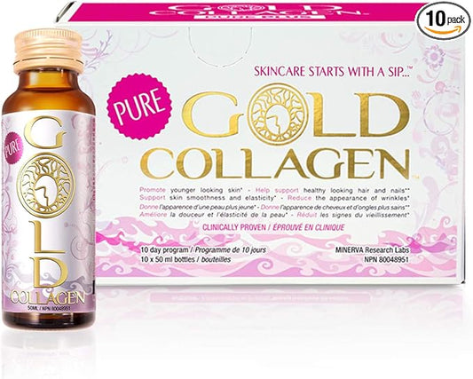 GOLD COLLAGEN Pure - Collagen Supplements for Women & Men with Biotin for Hair Growth, Skin and Nail - Anti Wrinkle Immune System Booster with Hyaluronic Acid, Vitamin C, B6 and Zinc, 1 Pack 10x50 ml