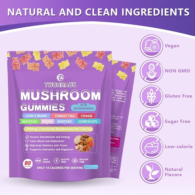 Mushroom Supplement Gummies with Ashwagandha and Lions Mane, Maitake, Turkey Tail, Reishi, Chaga, Shiitake, Cordyceps Nootropic Brain Supplement for Focus, Memory, Immune, Support and Stress Relief