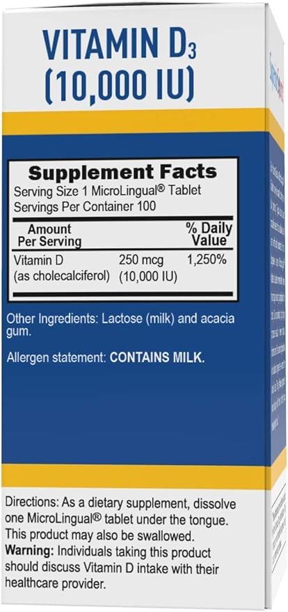 Superior Source Vitamin D3 10000 IU, Quick Dissolve MicroLingual Tablets, 100 Count, Helps Promote Strong Bones and Teeth, Immune Support, Helps Maintain Healthy Muscle Function, Non-GMO