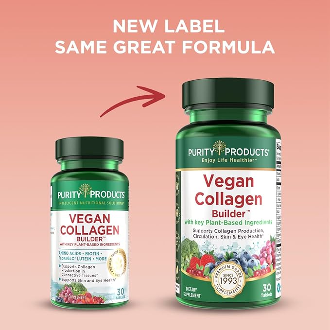 Purity Products Vegan Collagen Builder - Organic Whole Foods Fruits + Veg, Silica, Lutein, Vitamin C, Biotin, Grape Seed - Amino Acids Glycine, Lysine + Proline Collagen Boosters - 30 Tablets