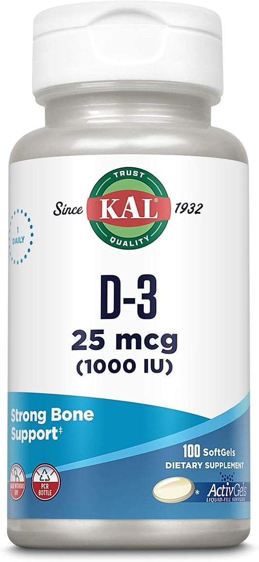 KAL Vitamin D3 1000 IU Softgels (25 mcg), Active Form of Vitamin D, Calcium Absorption, Bone Health, Immune Support Supplement, Liquid Filled ActivGel, Made Without Soy, 100 Servings, 100 Softgels