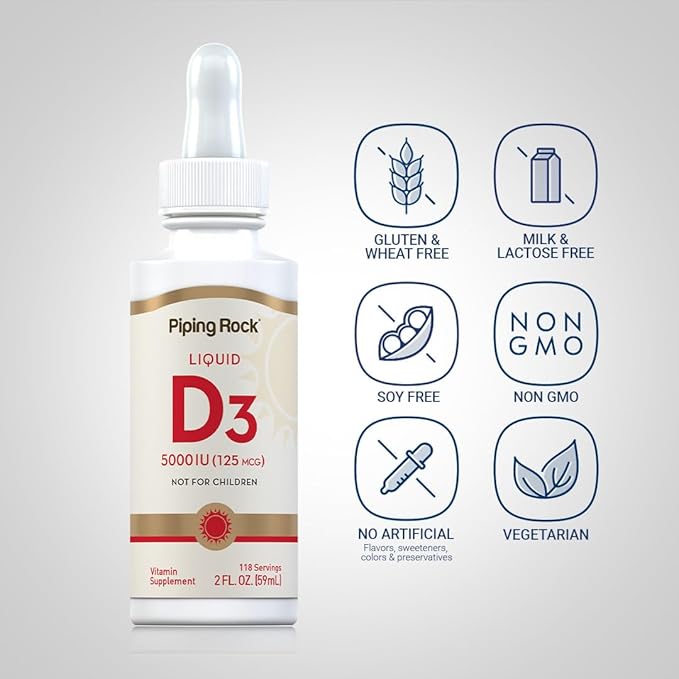 Piping Rock Vitamin D3 Liquid 5000 IU (125 mcg) | 2 oz | Vitamin D Drops for Adults | Vegetarian, Non-GMO, Gluten Free Supplement