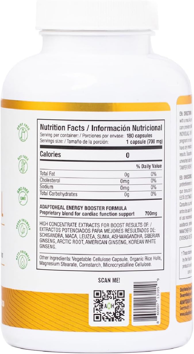 Energy Supplement Caffeine Free - Adaptogen Blend with Ashwagandha, Rhodiola Rosea, Maca, Leuzea, Gingseng - Increases Energy, Natural Stress Relief, Focus and Vitality (180 Capsules)