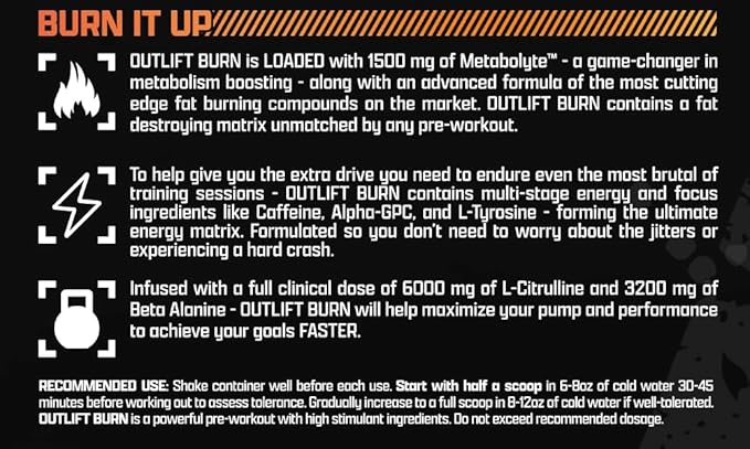 Nutrex Outlift Burn Pre-Workout Supplement for Energy, Focus & Endurance | Metabolyte, L-Citrulline, Beta-Alanine & Caffeine | Thermogenic Formula for Performance (22 Servings, Florida Crush)