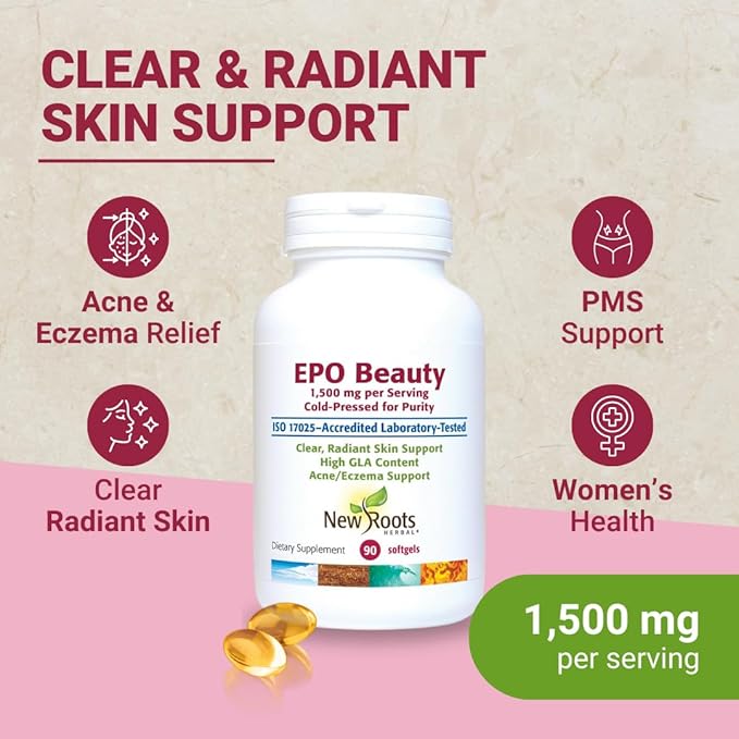 New Roots Evening Primrose Oil Supplement from Cold Pressed Oil - 500 mg (90 Softgels), High GLA Content Supports Women’s Health | Clear, Radiant Skin Support