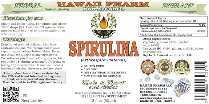 Spirulina Alcohol-Free Liquid Extract, Organic Spirulina (Arthrospira platensis) Dried Algae Glycerite Natural Herbal Supplement, Hawaii Pharm, USA 2 fl.oz