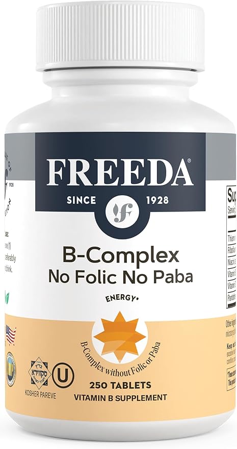 Freeda Vitamin B Complex No Folic No PABA - Super B Complex Kosher Vitamin Supplement with Vitamin B1 Vitamin B2 Vitamin B3 Vitamin B5 Vitamin B6 Vitamin B12 - Vit B Complex B for Women & Men (250 Ct)