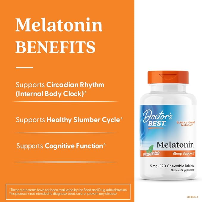 Doctors Best Melatonin, Sleep Support, Non-GMO, Gluten Free Vegan, Natural Mint Flavor 120 Chewable Tablets