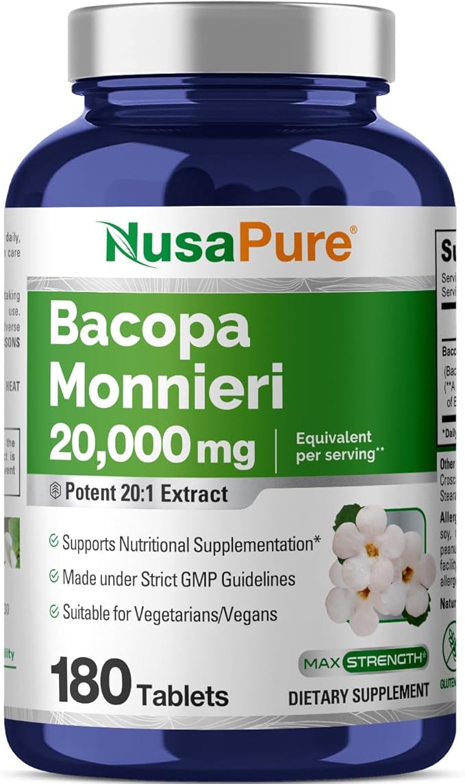 NusaPure Bacopa Leaf Monnieri Extract 20,000 mg 180 Tablets (Extract 20:1, Non-GMO, Gluten Free)