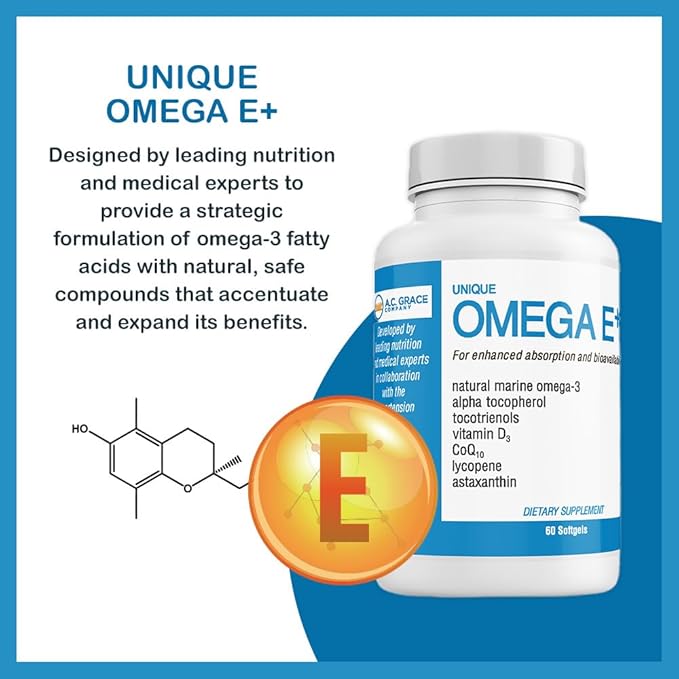 UNIQUE E A.C. Grace Company Mixed Tocopherols Concentrate 30 Softgels and Omega E+ Fish Oil Supplement 60 Softgels