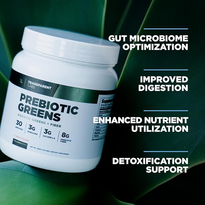 Transparent Labs Prebiotic Greens - Superfood Powder & Antioxidants Supplement with Organic Spirulina, Chloerra, Acacia, & Green Banana Powder - 30 Servings, Peach Mango