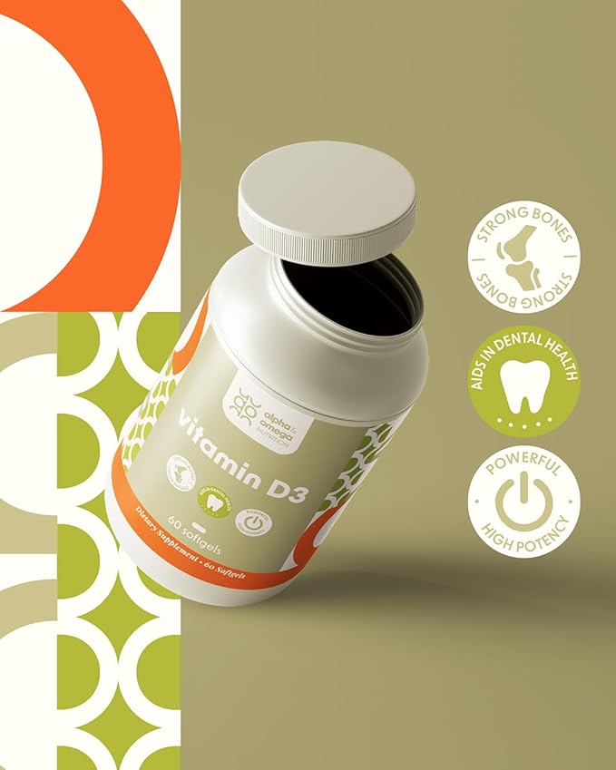 Alpha & Omega Nutrition Vitamin D3 125 mcg (5,000 IU) - Supplement to Support Bone, Joint, Breast, Heart, Colon, and Immune Health - with Vitamin D - 60 Softgels, 2 Month Supply