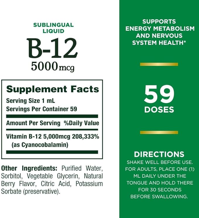 Nature's Bounty Vitamin B Complex Liquid, B12 Vitamin 5000 mcg, Nervous System Health & Cellular Energy Support, B Complex Vitamins for Women & Men, Vegetarian, 59 Servings, 2 Fl Oz