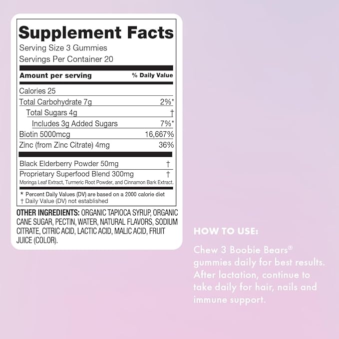 Boobie Bears Lactation Support Gummies | Helps As Milk Supply Booster & Supports Immune Health & Hair Growth | Breastfeeding Supplements with Zinc & Elderberry for Milk Supply Increase, 60 Count