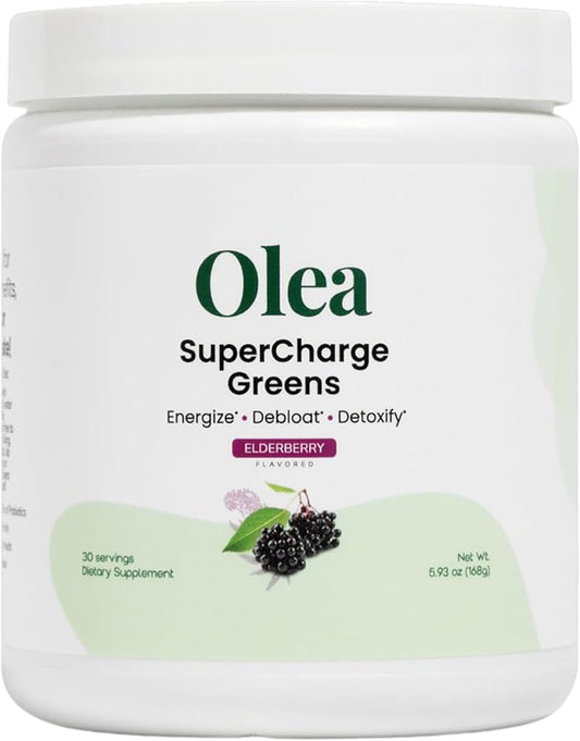 Olea Supercharge Greens Powder, Superfood Blend with Spirulina, Chlorella, Barley & Wheat Grass, 10 Billion CFU Probiotics & Digestive Enzymes for Energy, Detox, & Gut Health – Elderberry
