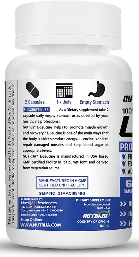 L-Leucine 1000mg Capsules | Promotes Lean Muscle Mass, Muscle Building & Strengthening (60 Capsules)