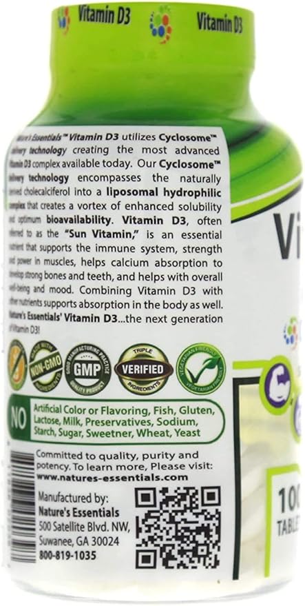 NATURE'S ESSENTIALS Vitamin D3 2000IU | Immune Support | Advanced Cyclosome Liposomal Delivery | Non-GMO, Gluten Free, Vegetarian | 100 Tablets