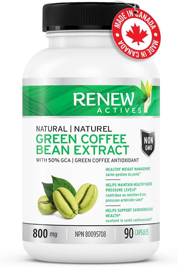 Renew Actives High Potency Green Coffee Bean Extract - 800mg per Serving Green Coffee Bean Extract with 50% Chlorogenic Acid for Antioxidant Benefits - Made in Canada - 90 Vegan Capsules
