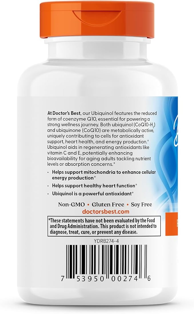 Doctors Best Ubiquinol, Reduced-Form Coenzyme Q1, 200 mg, Non-GMO, Gluten Free, Soy Free 30 Softgels