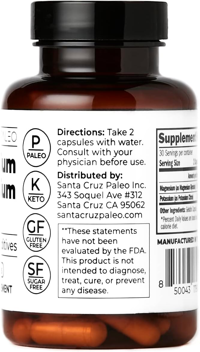 Santa Cruz Paleo Magnesium Potassium Capsules, Magnesium Glycinate and Potassium Citrate, Gluten Free, Keto, Sugar Free, Paleo, for Overall Health, Brain, Muscle, Bone and Energy Support, 60 Capsules