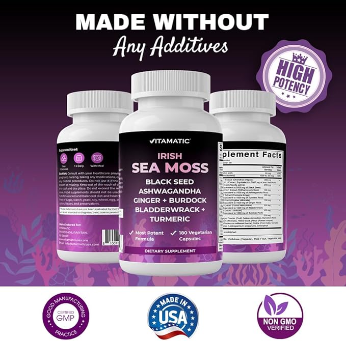 Vitamatic Sea Moss with Black Seed Oil, Ashwagandha, Turmeric, Bladderwrack & Burdock - 180 Vegan Capsules