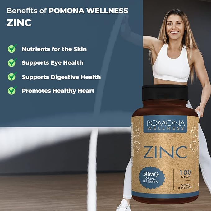 Pomona Wellness Zinc Supplements for Adults, 50mg, Skin Health and Immune Support, Easy to Swallow, for Antioxidant and Overall Health, Vegan, Non-GMO, 100 Tablets (Pack of 2)