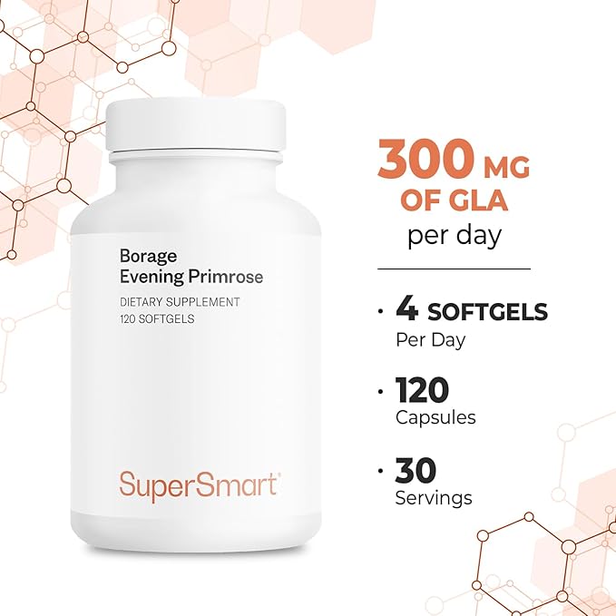 Supersmart - Borage & Evening Primrose (High Potency) - GLA Oil Gamma Linolenic Acid Cold Pressed - with Vitamin E, Borage Oil & Evening Primrose Oil Supplement | Non-GMO & Gluten Free - 120 Softgels