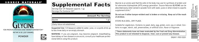 Source Naturals Glycine, for Protein Systhesis and Energy Generation*, 454 Grams - 8 oz Powder