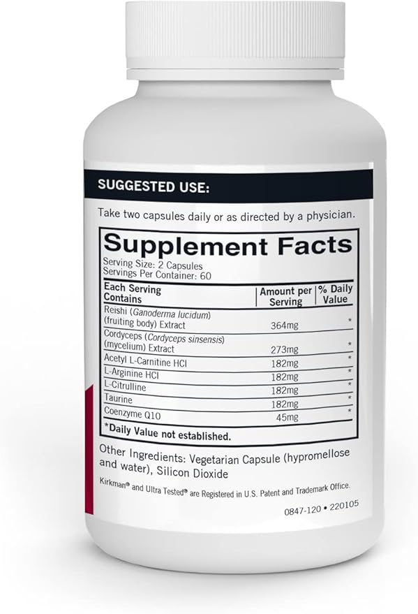 Kirkman - Mushroom Energy & Endurance - 120 Capsules - Promotes Sustained Cellular Energy Production - Hypoallergenic - Hypoallergenic