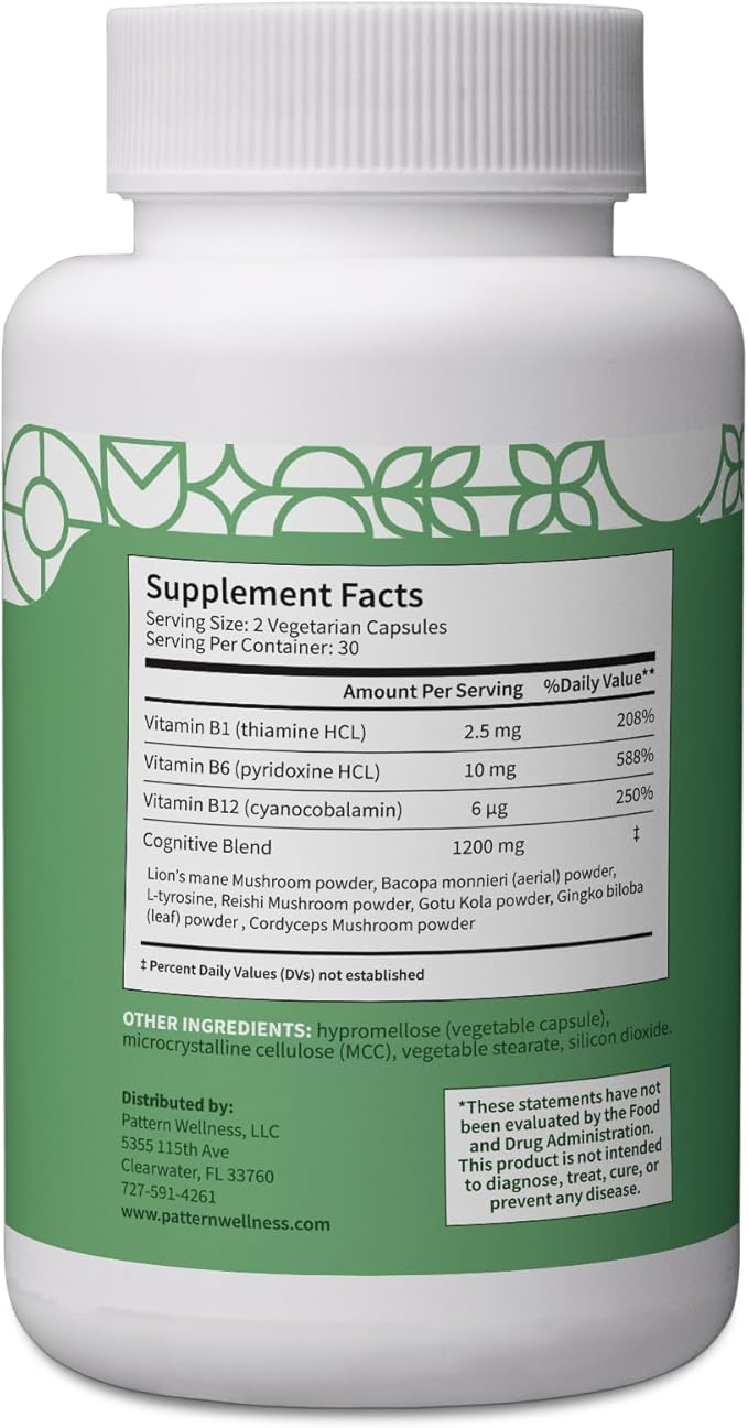 Pattern Wellness Cognitive Complex Supplement - Enhance Memory, Focus, and Clarity - Brain Health Support - 60 Vegetarian Capsules