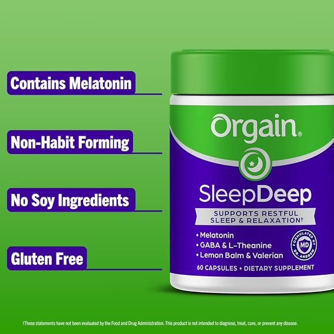 Orgain SleepDeep, Melatonin Sleep Aid Support Supplement with Magnesium, GABA, L-Theanine, L-Tryptophan, Chamomile, Lemon Balm & Valerian Root, Gluten Free, Doctor Formulated - 60 Count, 30 Day Supply