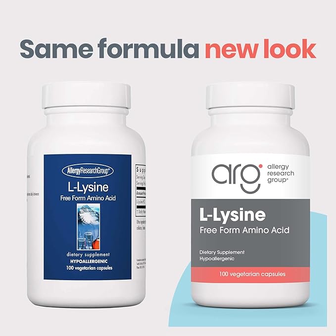 Allergy Research Group L-Lysine - Immune Support, L-Lysine HCI, Free Form Amino Acid, 500mg Supplement, Pure, Organic, Vegetarian Capsules - 100 Count