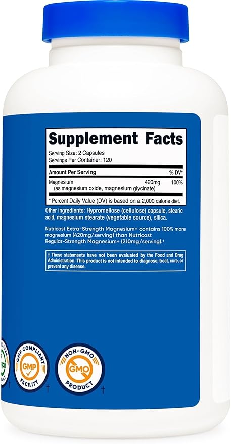 Nutricost Magnesium+ Extra Strength 420mg, 240 Capsules - 120 Servings. Magnesium Oxide and Glycinate - Non-GMO, Gluten Free, Vegan Friendly